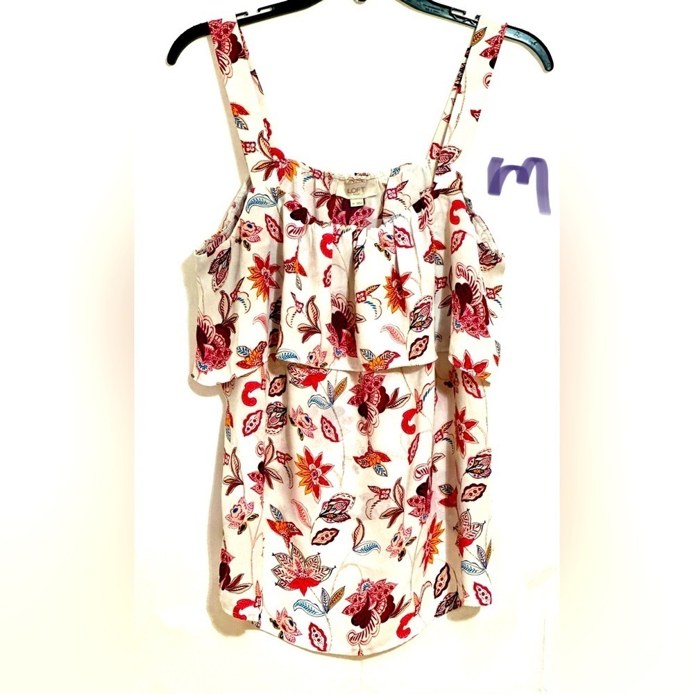 LADIES WHITE SLEEVELESS TOP WITH RED & ORANGE FLOWERS